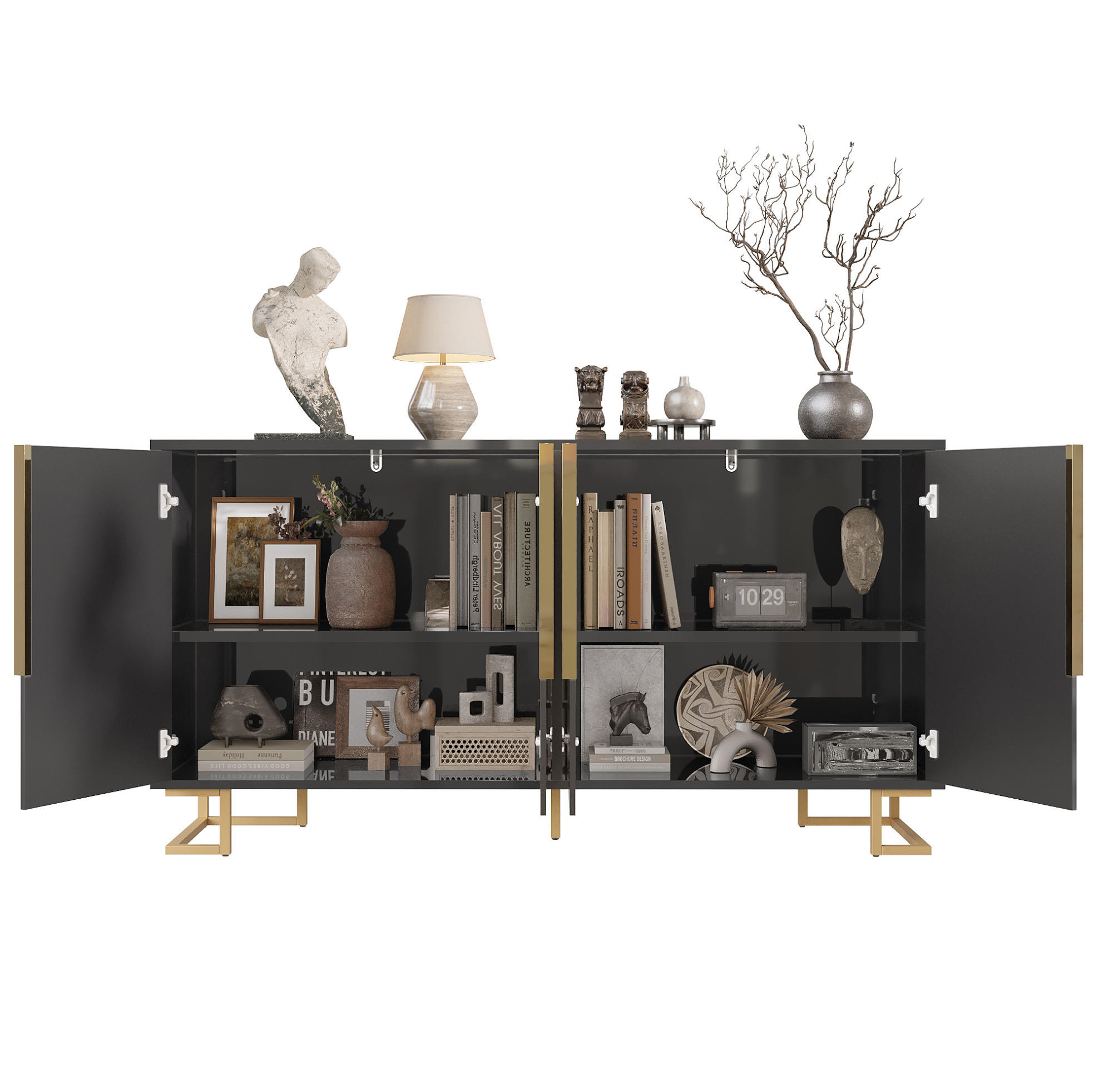KOMODA 152/40/75 cm čierna s geometrickými dvierkami a kovovými nohami z MDF - čierna, kompozitné drevo (152/75/40cm) - OKWISH
