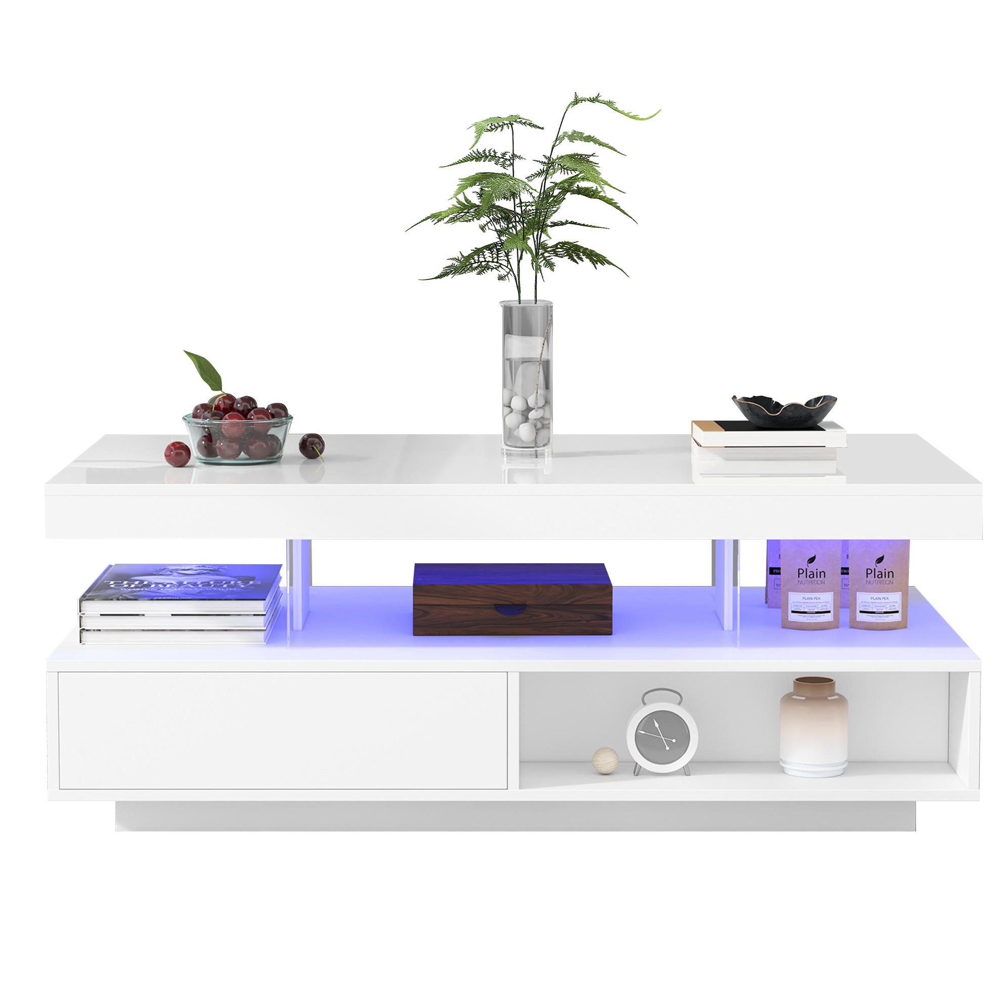 OKWISH KONFERENČNÍ stolek 95/50/42,5 cm bílý z dřevotřísky s LED osvětlením a 2 zásuvkami