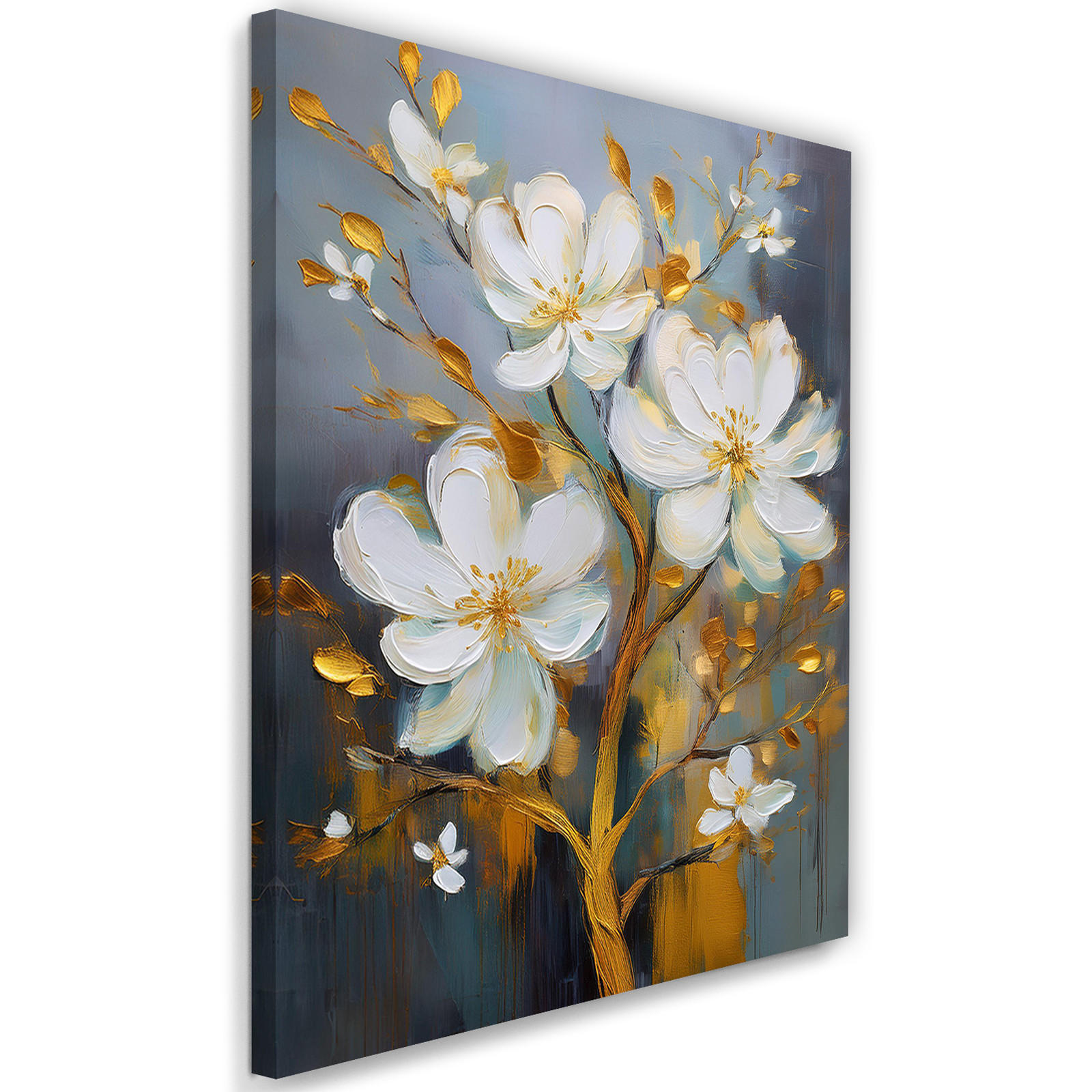 WANDBILD weiß gold gemalte blumen - Weiß, Textil (40/60cm) - Feeby