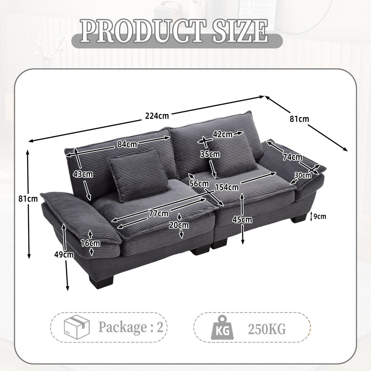SOFA 2-Sitzer Velours Dunkelgrau mit Kissen und robustem Holzrahmen 224/81/81 cm - Dunkelgrau, Textil (224/81/81cm) - OKWISH