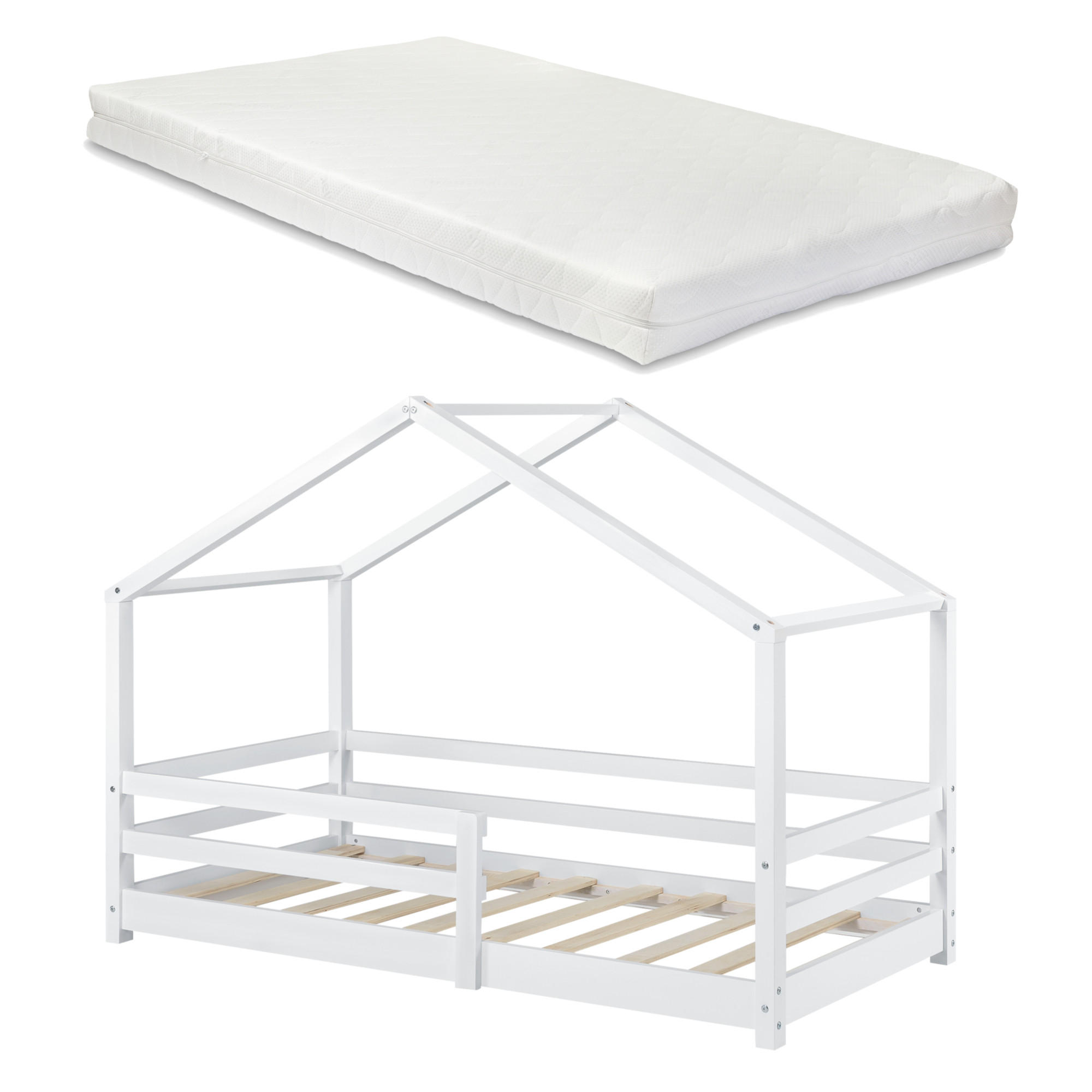 HAUSBETT Knätten mit Matratze - Weiß, Holz/Textil (90/200cm) - [en.casa]