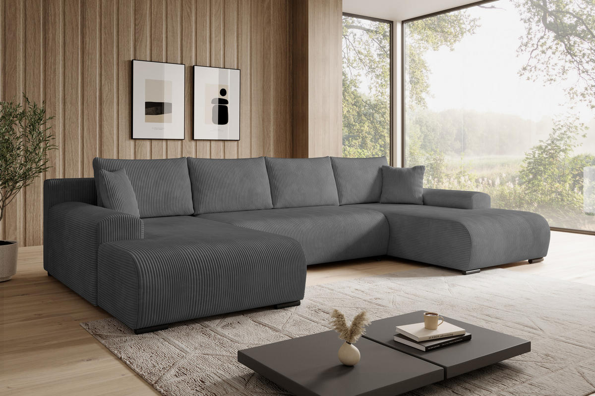 WOHNLANDSCHAFT Nelly U mit Bettkasten und Schlaffunktion, Cordstoff in U-Form - Dunkelgrau, Textil (349/80/185cm)