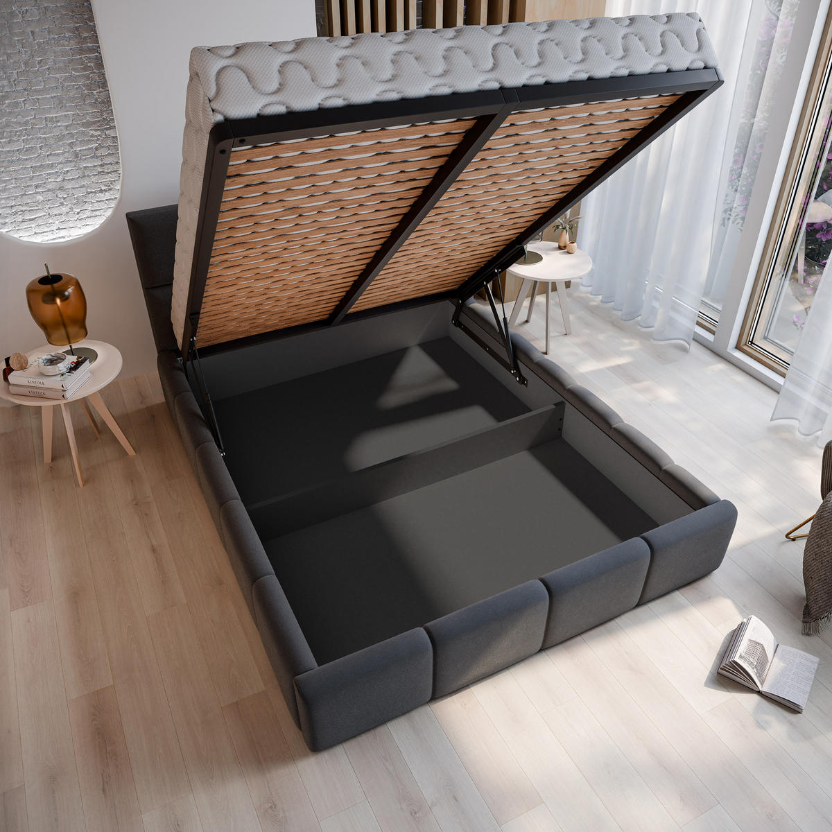 POLSTERBETT COMO 160x200 cm mit Bettkästen - Schwarz - Schwarz, Holz (160/200cm) - MASSENO