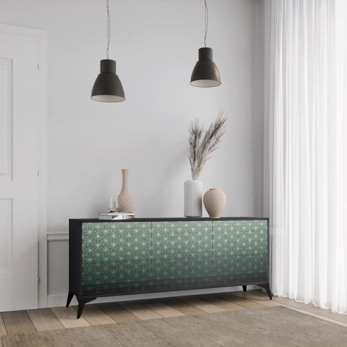 SIDEBOARD ORNAMENTAL GLIMMER, Eicheneffekt, 164,5x42x77,5 cm, 3 Türen - Eichefarben/Buchefarben, Holzwerkstoff/Buchenholz (164.5/77.5/42cm) - SpaceRebels