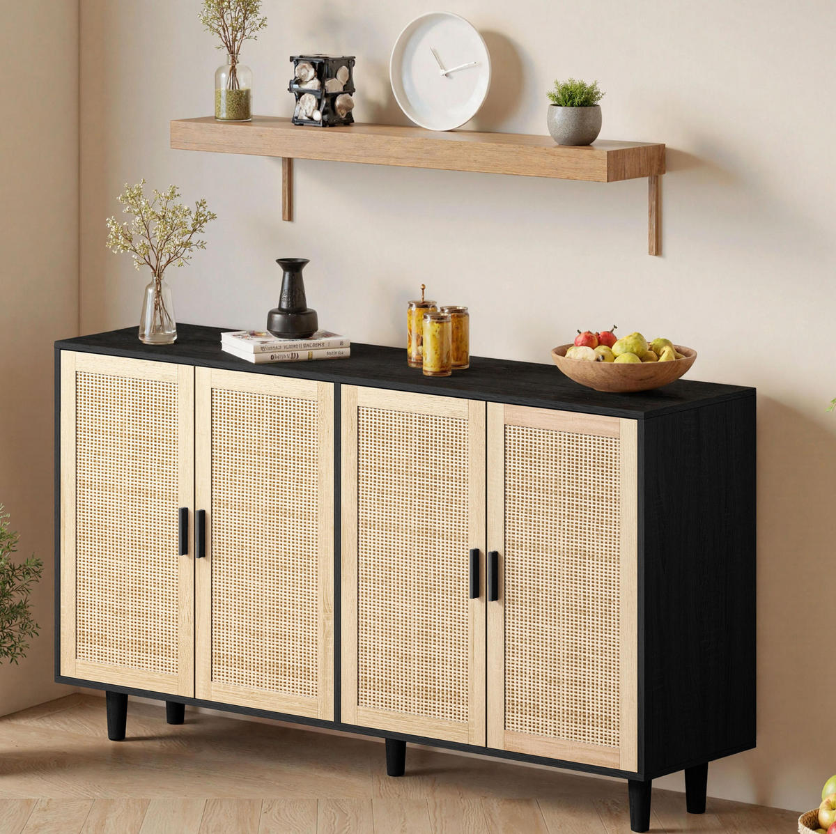SIDEBOARD aus Spanplatte 158x40x88 cm Schwarz mit 4 Rattantüren und verstellbarem Einlegeboden - Schwarz, Holzwerkstoff (158/88/40cm) - Modfu