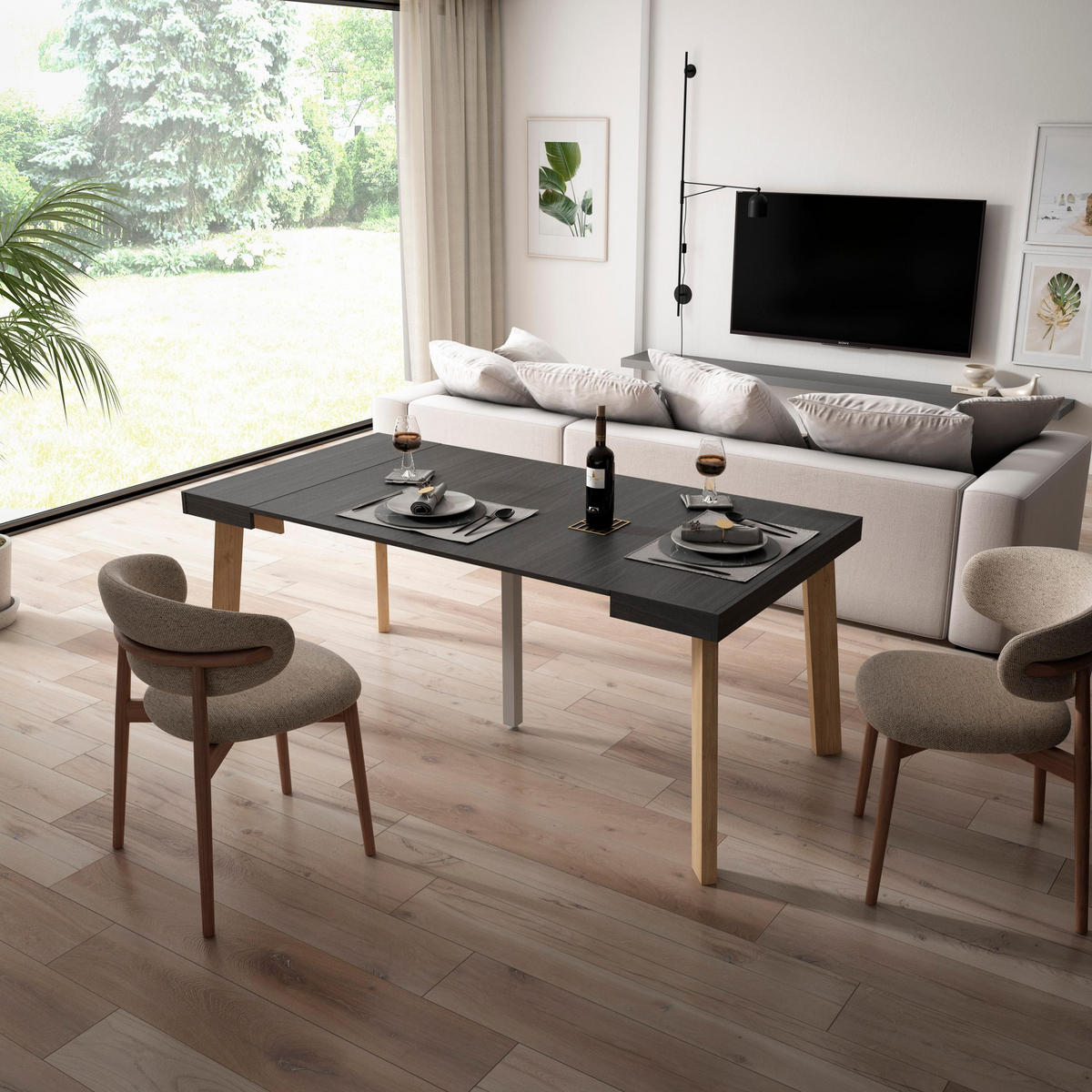 KONSOLENTISCH ausziehbar 58 bis 180cm, für 8 Gäste, schwarz, 90/58/73cm - Schwarz, Holzwerkstoff (90/180/73cm) - Skraut Home