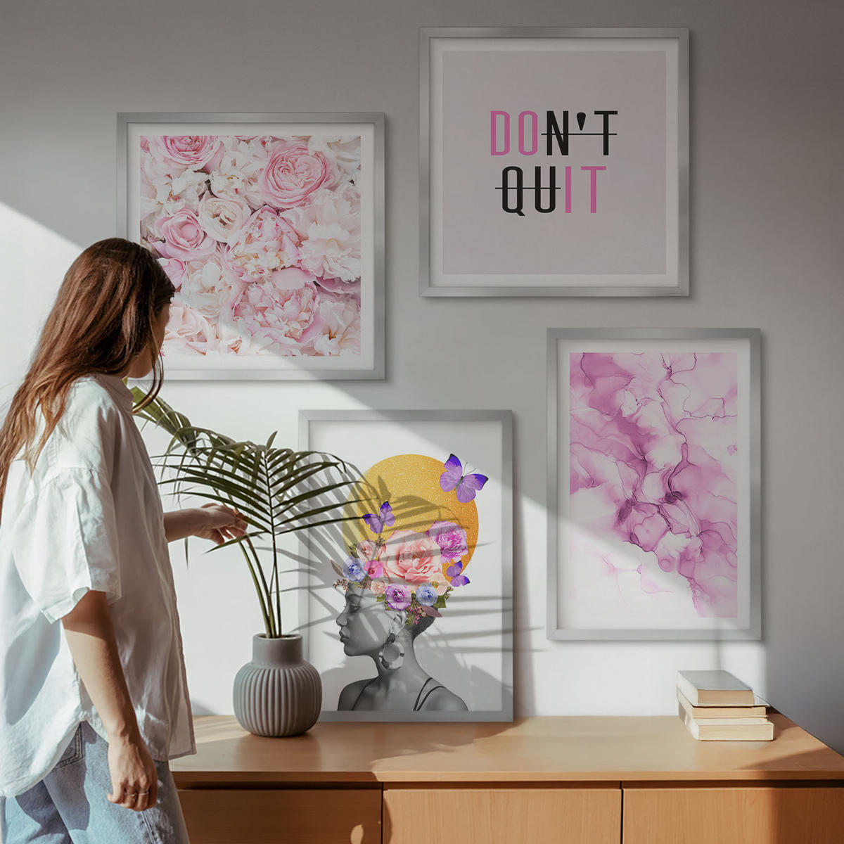 BILDER SET 4er Set - 50x50 cm & 40x60 cm Silberner Rahmen - Abstraktes Blumenporträt einer Frau - Silberfarben, Kunststoff (50/50cm) - TULUP