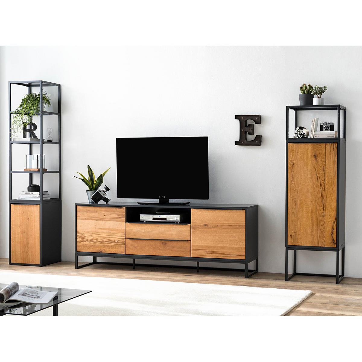 SCHRANK - Eiche / Anthrazit - Echtholzfurnier - Eichefarben/Anthrazit, Holzwerkstoff/Metall (50/165/40cm) - home24