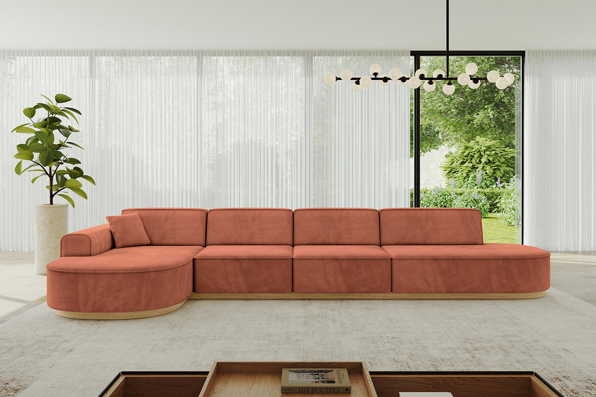 ECKSOFA Ottomane Links MARI-L3-v2 - 413x171x83 cm Koralle Velours - Koralle, Holzwerkstoff/Textil (413/171cm) - ALTDECOR