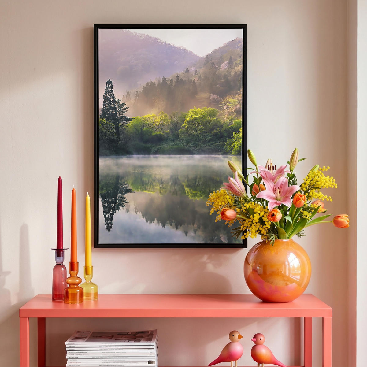 LEINWAND Bilder mit Rahmen - Natur - Bäume - Berge - See - Wasser - 40x60 - Hellgrün, Textil (40/60cm) - MuchoWow