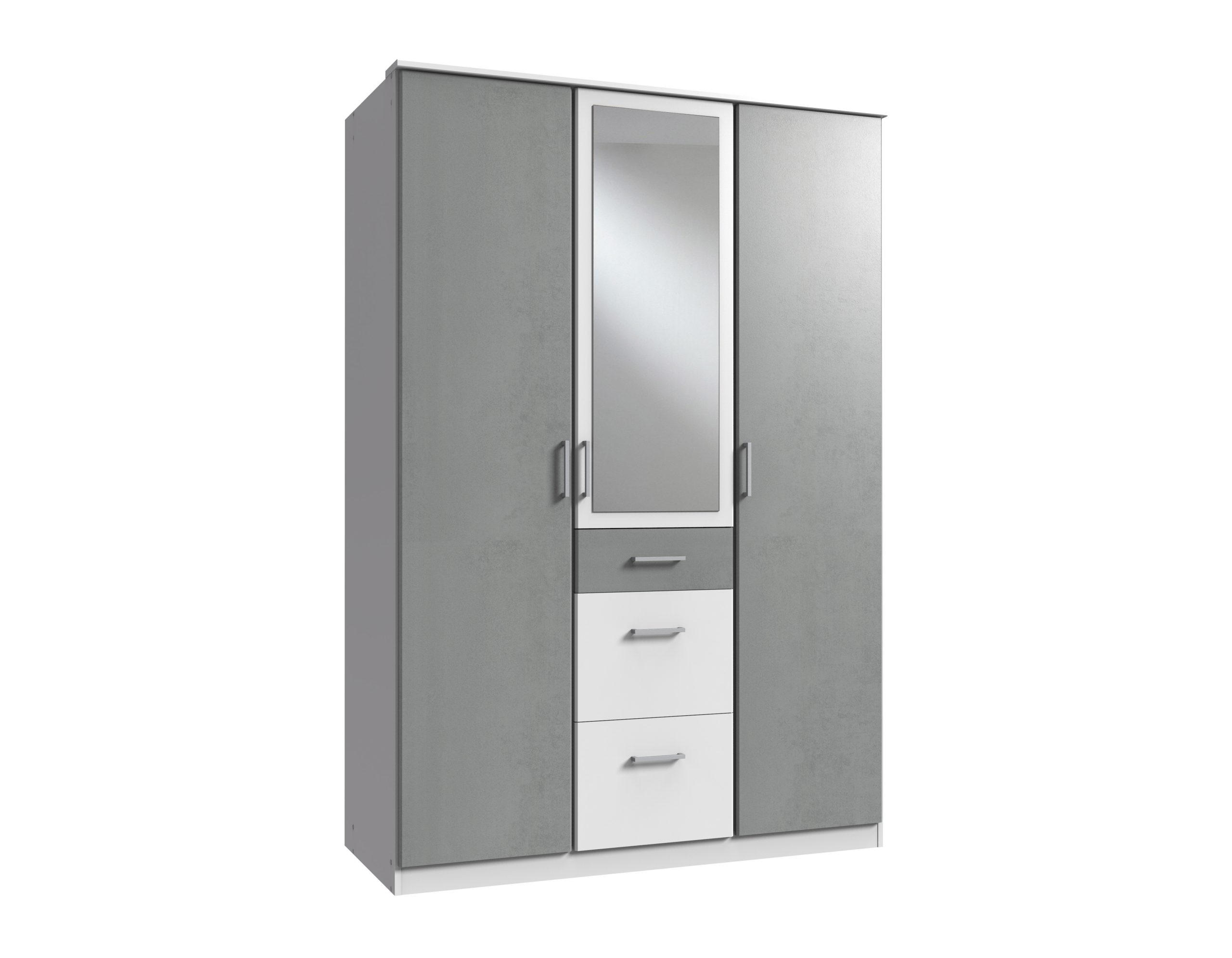 KLEIDERSCHRANK Click in Weiß mit Beton Lichtgrau - Drehtürenschrank 135 cm Breite mit Spiegel - Weiß, Holzwerkstoff (135/199/58cm)