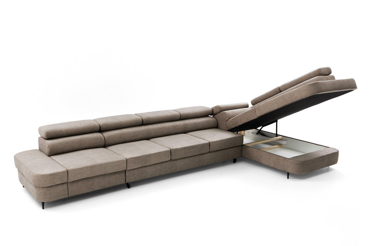 ECKSOFA PRIAM XXL L-Form Rechts mit Schlaffunktion 125x265 Velours Beige - Beige/Schwarz, Holz/Textil (203/420cm) - Muffo