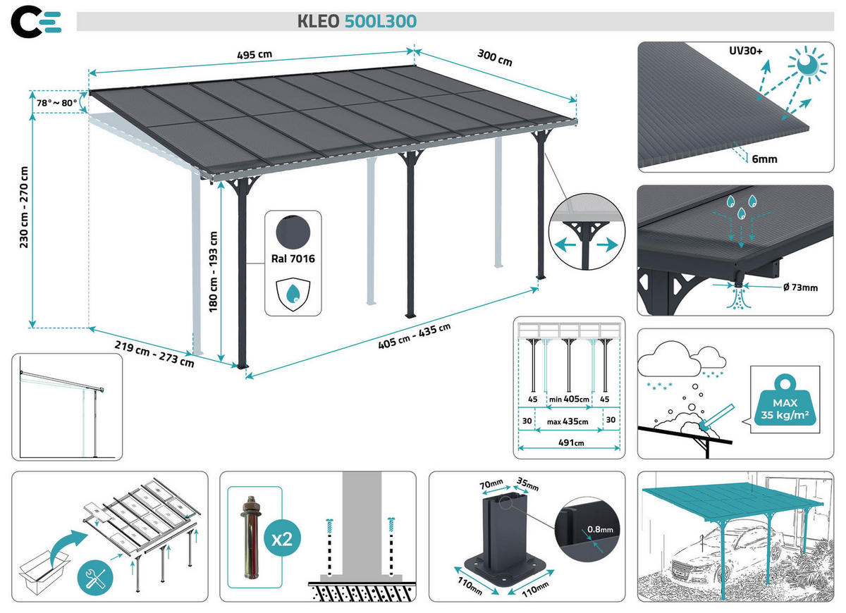 PERGOLA / CARPORT Kleo Grau 5m x 3m - Grau, Metall (495/270/300cm) - Cazeboo