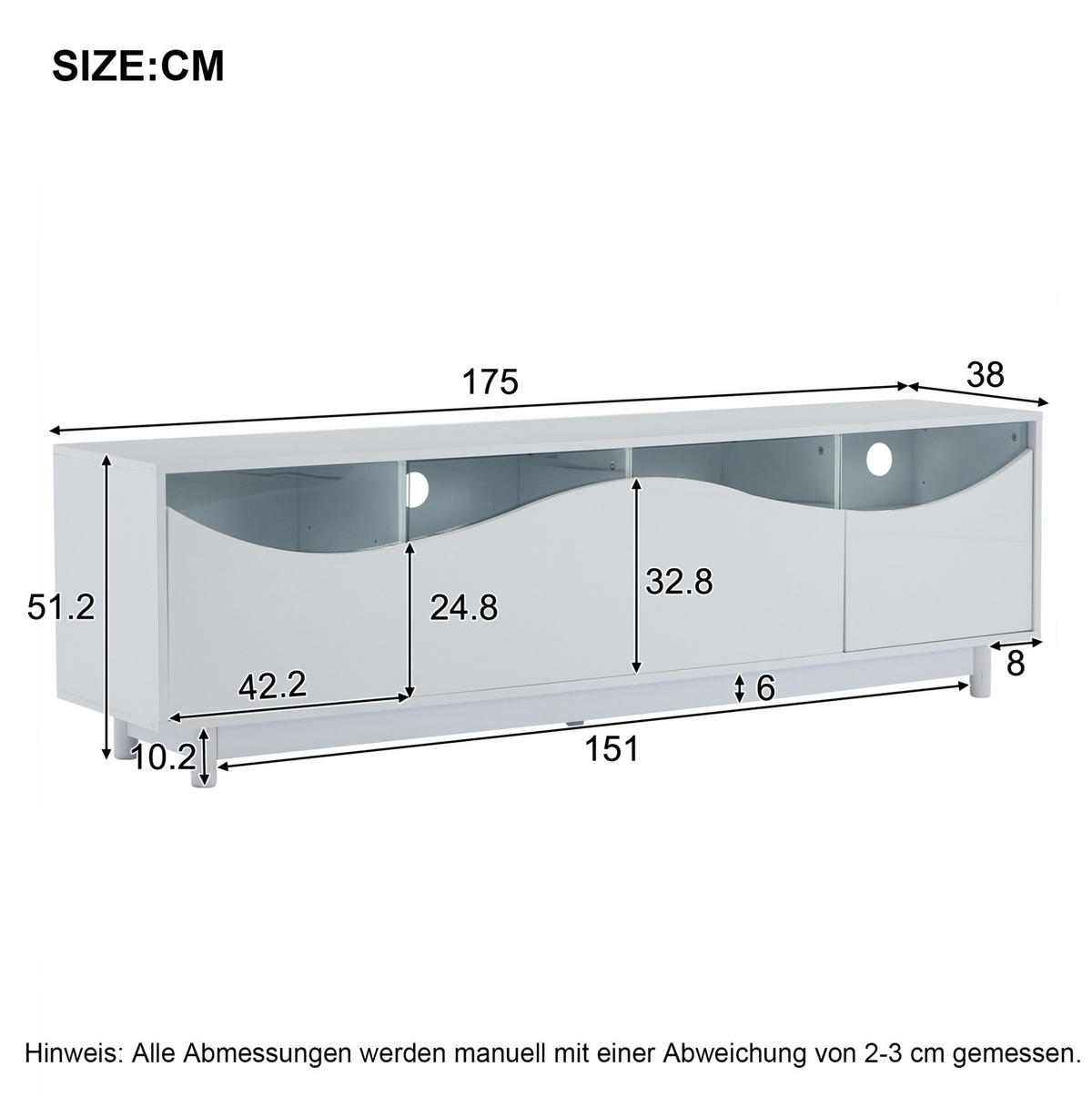 LOWBOARD 175/38/51 cm Weiß aus MDF mit LED-Beleuchtung - Weiß, Holzwerkstoff (38/51/175cm) - OKMYHOME