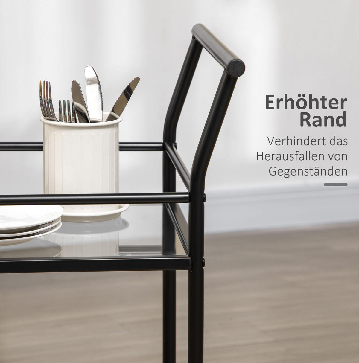 KÜCHENINSEL 75/40/80 cm mit 2 Glasablagen, Rollen und Bremsen, Stahl, Schwarz - Schwarz, Metall (75/80/40cm) - Redom