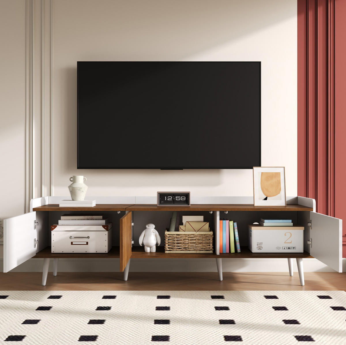 TV-LOWBOARD aus MDF und Spanplatte 160x39x49,5 cm Schwarz/Natur mit 3 Türen - Schwarz, Holzwerkstoff (160/49.5/39cm) - IVMEU