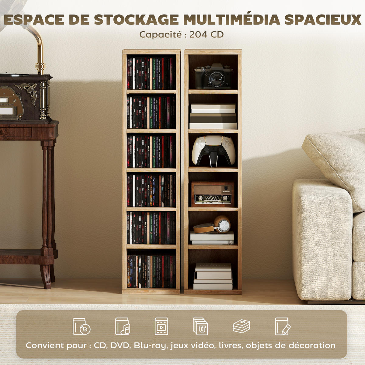 CD-REGAL 2er-Set DE-14526 12 Fächer für 204 CDs Eiche - Eichefarben, Holzwerkstoff (22.5/88.5/21cm) - ComfortXL