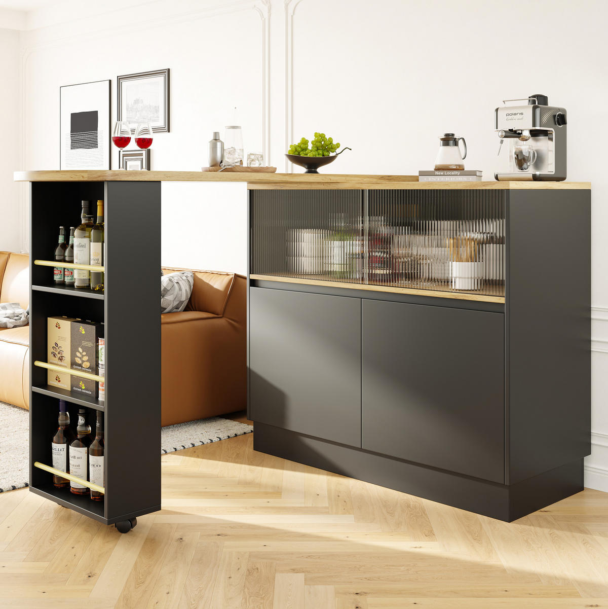 BAROVÁ skříňka 90/45/100 cm černá z MDF s 360° otočným designem a skleněnými dveřmi - černá, kompozitní dřevo (90/45/100cm) - OKWISH