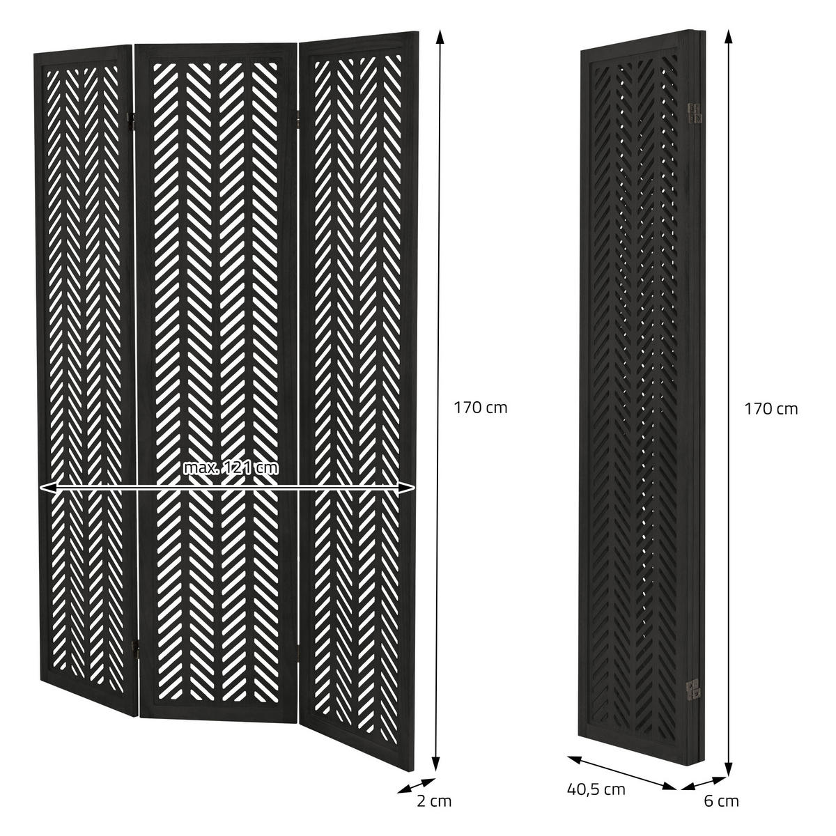 PARAVÁN, 3dílný, Kobe, 170 × 121 cm, černý, ze dřeva - černá, dřevo (121/170/2cm) - ML-DESIGN