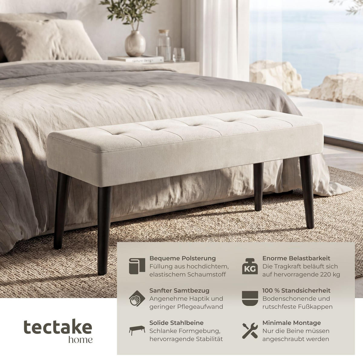 SITZBANK Glora, Belastbarkeit 220 kg, 95 x 38 x 45 cm, Samtoptik taupe - Taupe, Holz (95/45/38cm) - tectake