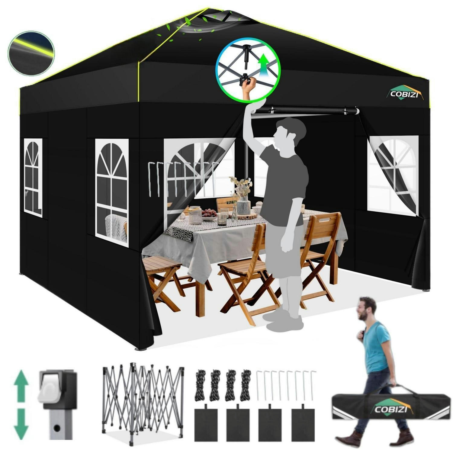 FALTPAVILLON 3 x 3 m Schwarz mit 4 Seitenwänden - Schwarz, Textil (300/298/300cm)