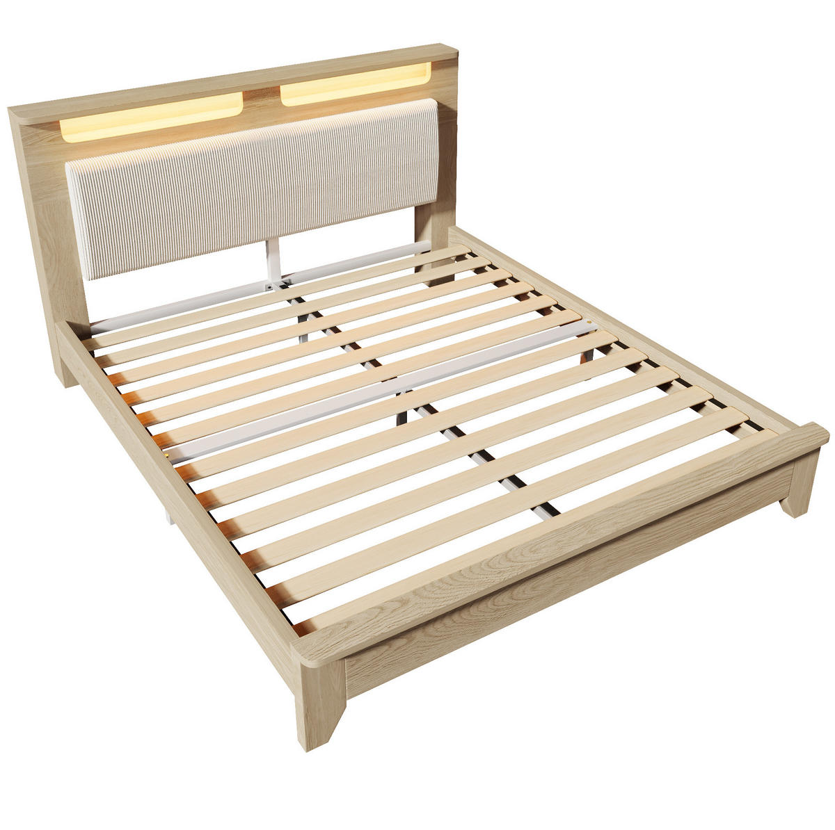 DOPPELBETT 140/200 cm Hell Eiche mit Cordpolster-Rückenlehne und LED-Beleuchtung - Beige, Textil (140/200cm) - OKWISH