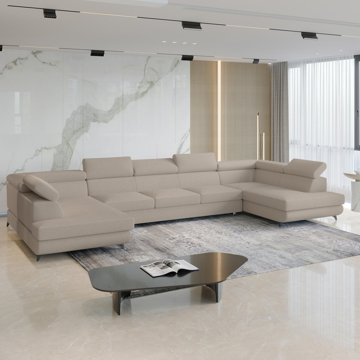 WOHNLANDSCHAFT URMANO Beige Boucle-Stoff mit Schlaffunktion - Beige, Holz (395/89/190cm) - MASSENO