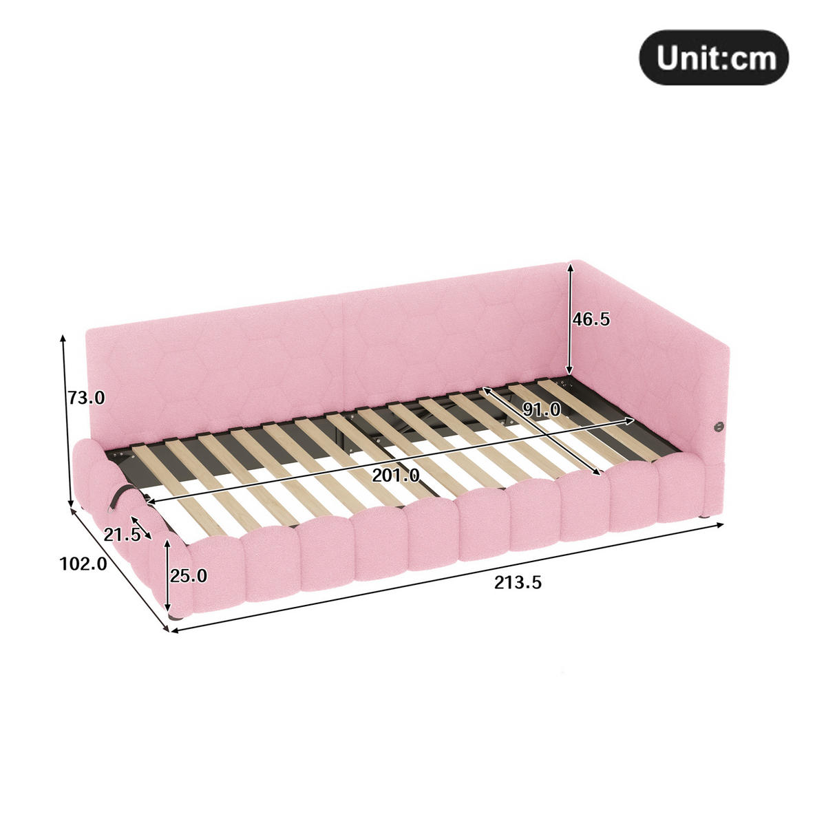 POLSTERBETT aus Vliesimitat 90x200 cm in Rosa mit LED & USB-/Typ-C-Anschluss - Rosa, Textil (90/200cm) - Modfu
