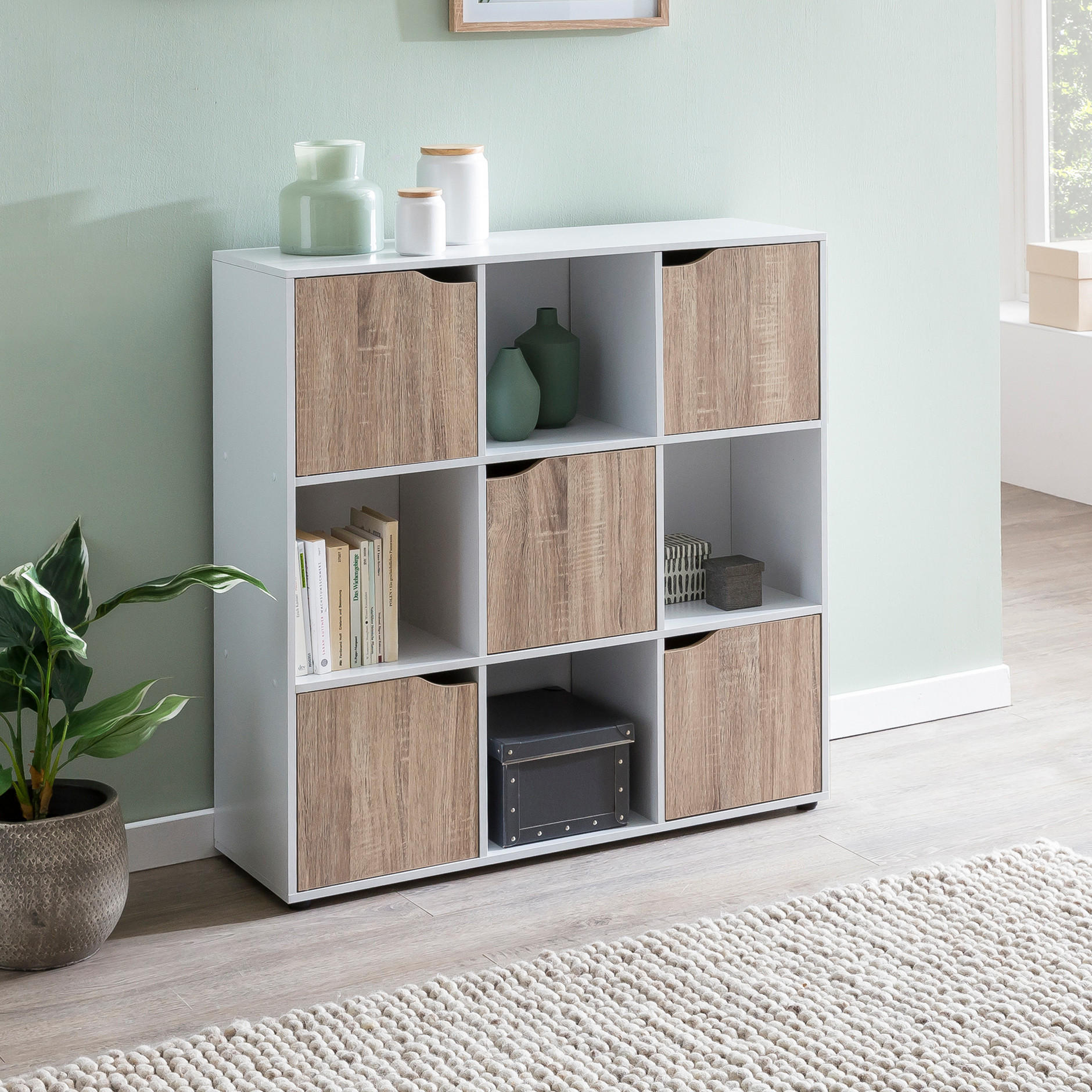 REGAL – Weiß/Sonoma, 89x91x29 cm, 9 Fächer, für Bücher und Deko - Schwarz/Weiß, Holz (89/91/29cm) - KADIMA DESIGN