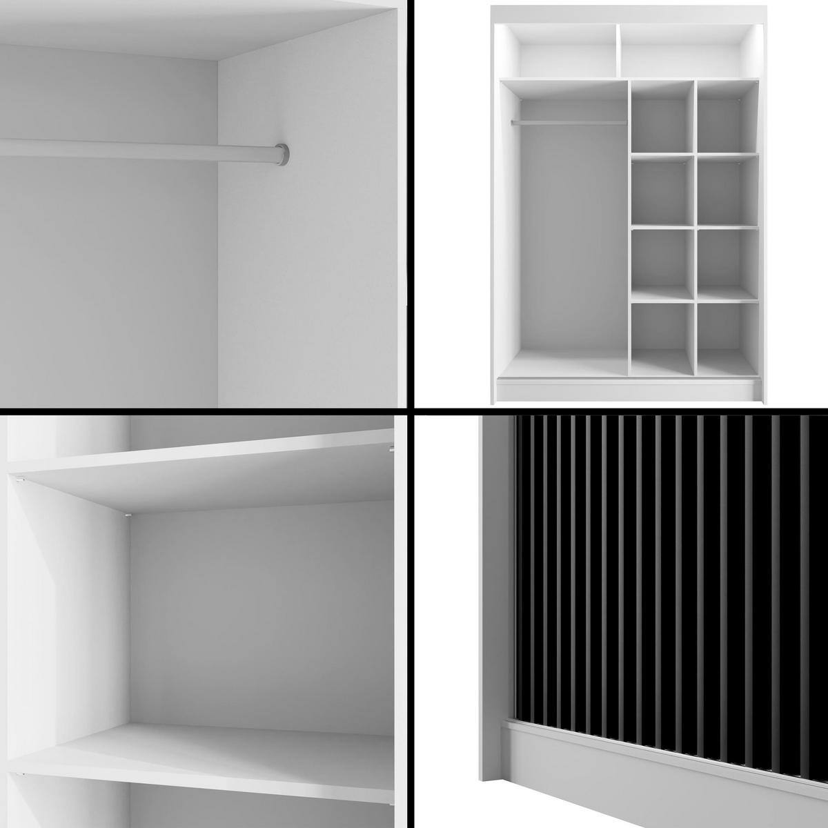 KLEIDERSCHRANK mit LED, Lamel-Schiebetüren VILANv2 - 150 cm Weiß + Lamelle schwarz - Schwarz/Weiß, Holzwerkstoff (150/215/61cm) - ALTDECOR