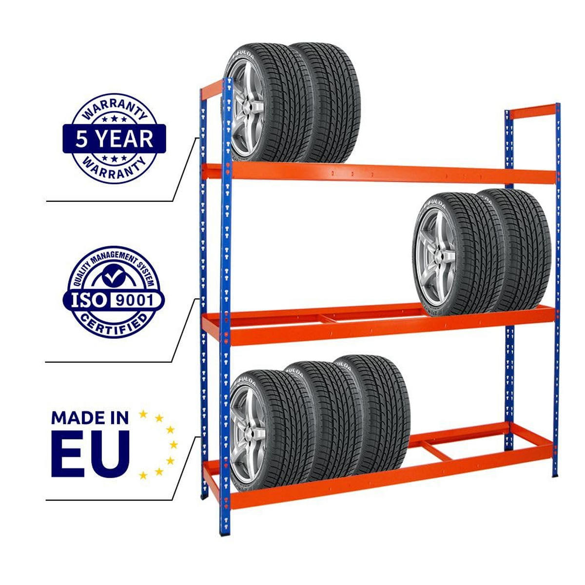 REIFENREGAL Tiger XL 2er-Set mit 2x 200x180x45 cm 300 kg Fachlast bis zu 42 Reifen Blau-Orange - Orange, Metall (360/200/45cm) - PROREGAL