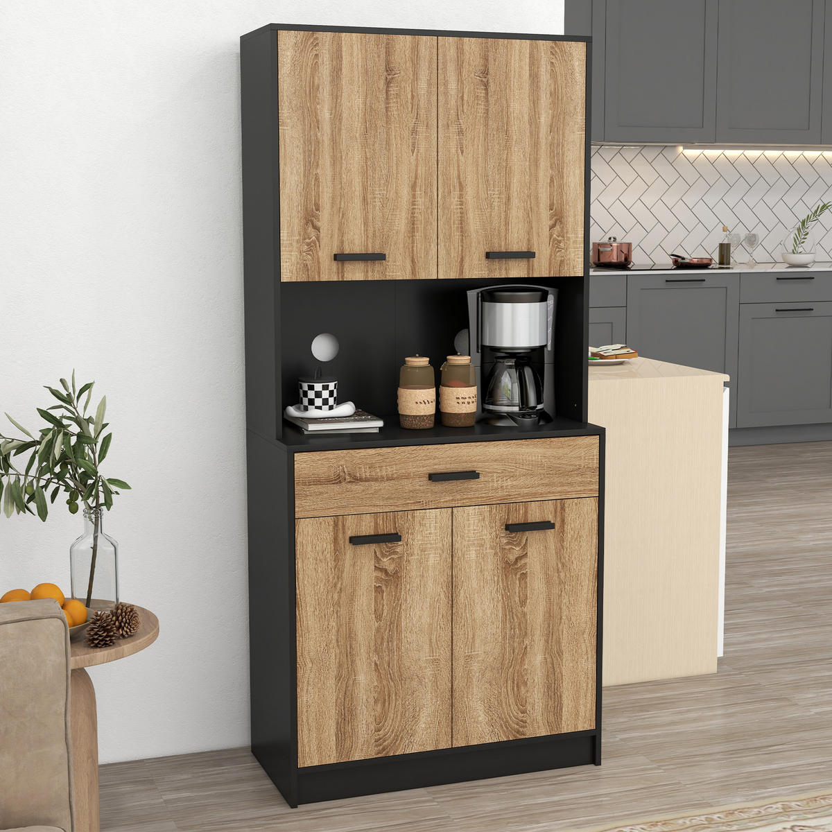 BUFFET DE-11071 Industrie-Design, 4 Türen Schwarz/Natur - Naturfarben, Holzwerkstoff (40/180/80cm) - ComfortXL