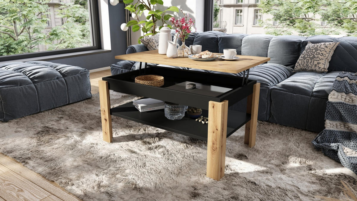 COUCHTISCH rechteckig Eiche Artisan Schwarz höhenverstellbar 100/60/55 cm - Schwarz/Eiche Artisan, Holzwerkstoff (60/100/55cm) - designimpex