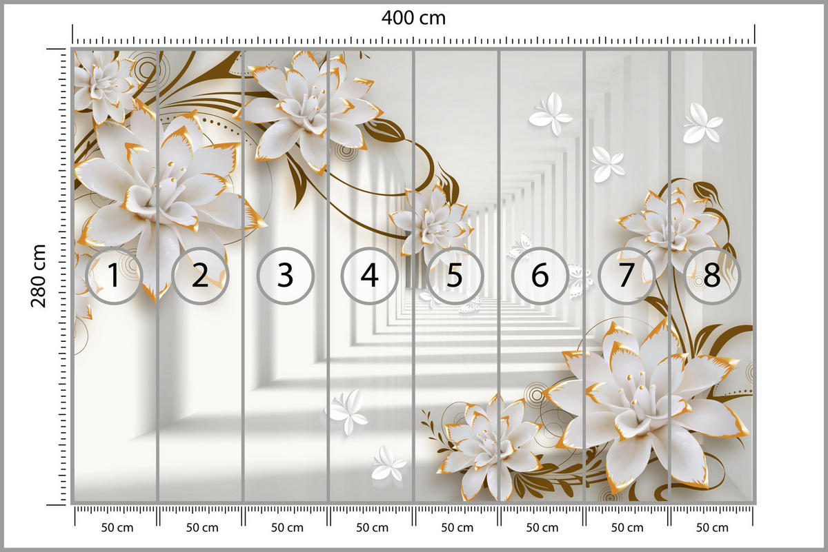 FOTOTAPETE für Wohnzimmer Abstrakter Blumen Tunnel Schmetterlinge 400x280 - Beige/Orange, Papier (400/280cm) - Muralo