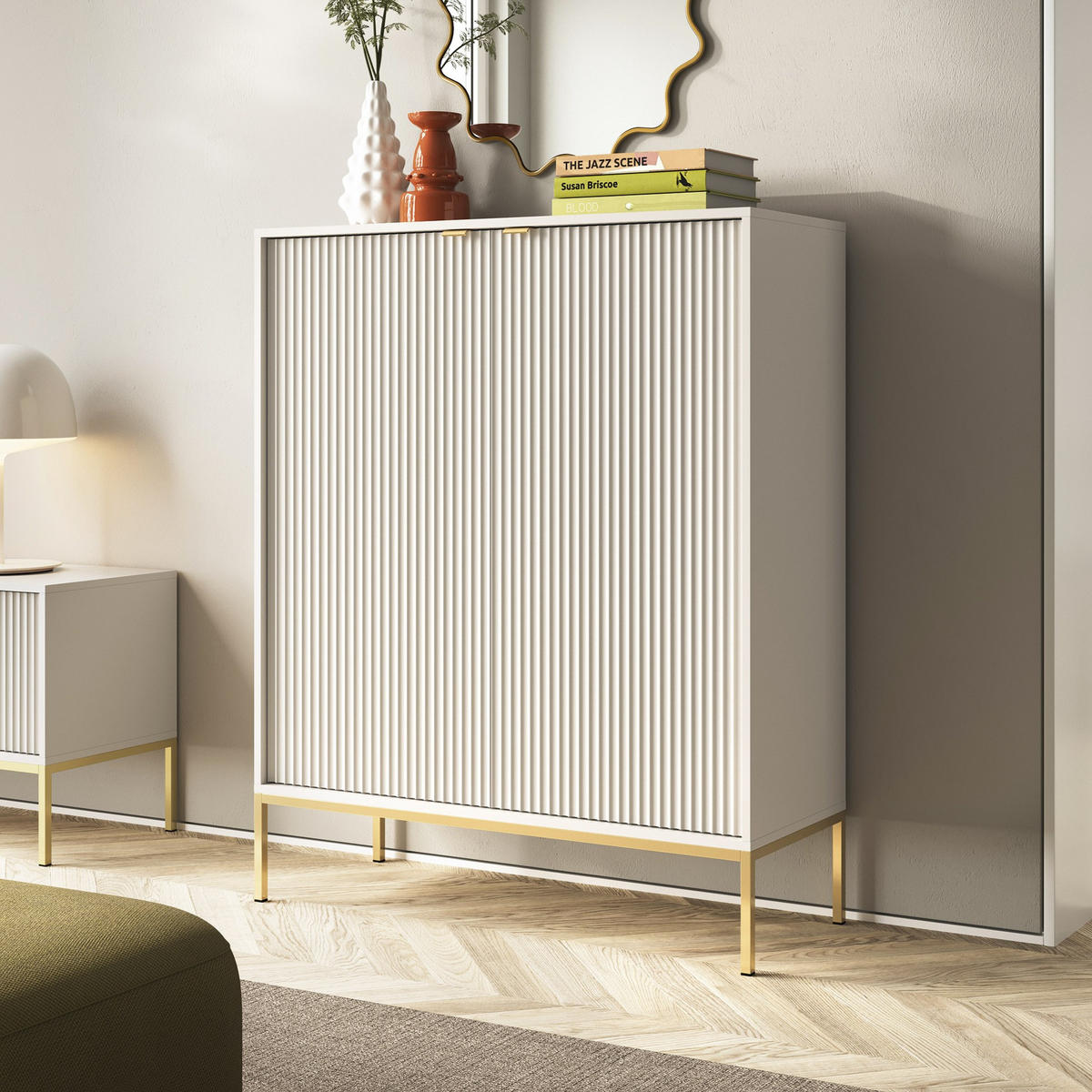 MODERNE Geriffelte Hochkommode KIOTO KW2D (Kaschmir, Gold Gestell, Soft-Close Türen) - Kaschmir/Goldfarben, Holz/Holzwerkstoff (104/125/39cm) - Ravio