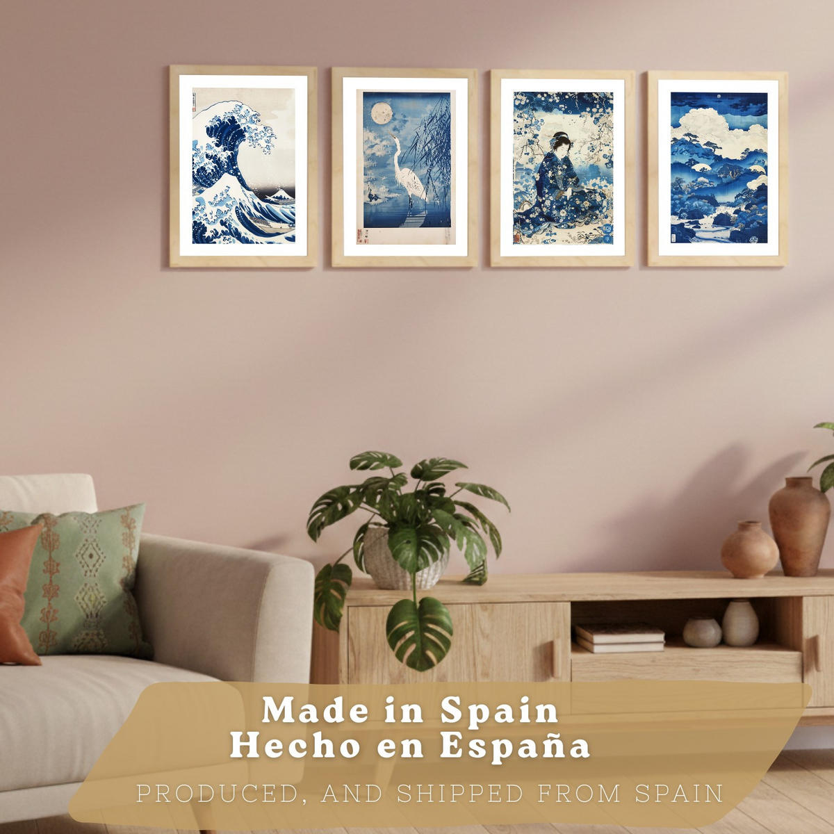 PLAKAT Sada 4 Japan Blue A3 Lehký dřevěný rám - béžová, papír (29.7/1/42cm) - Nacnic