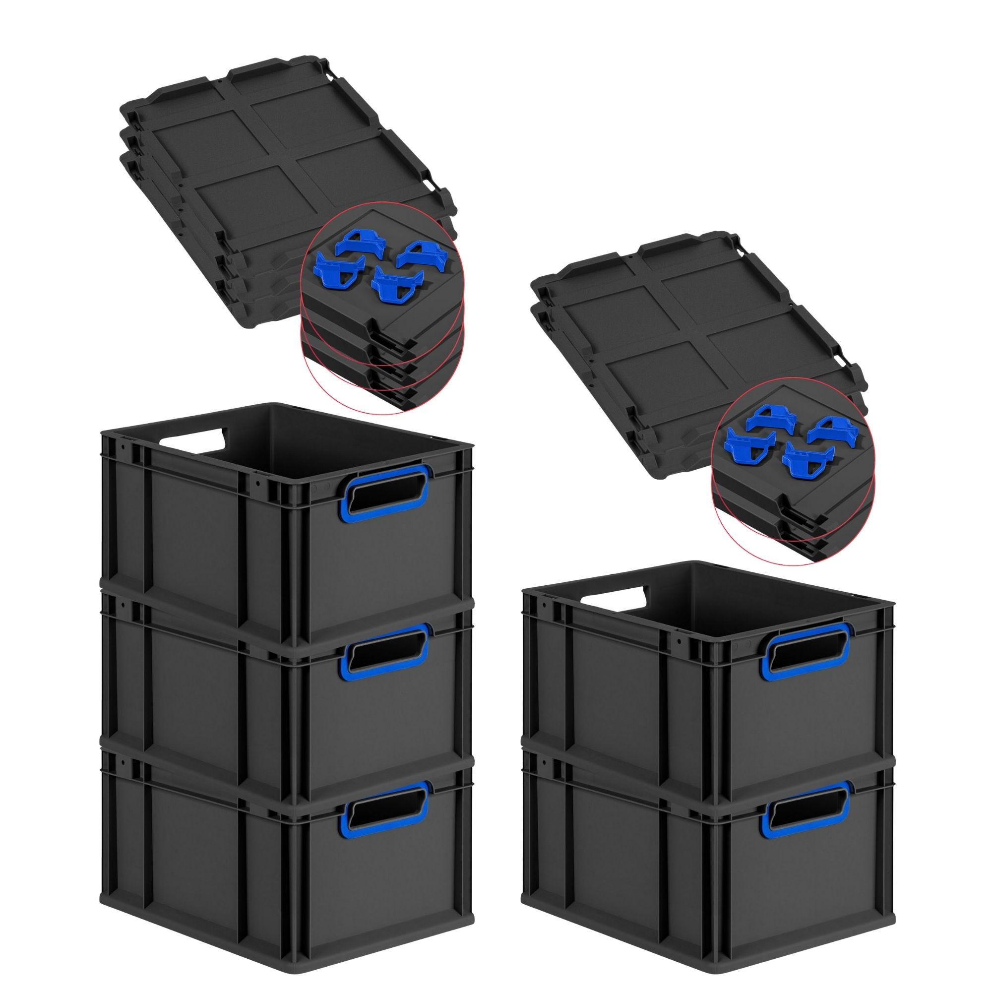 EUROBOX 5x NextGen Color mit Auflagedeckel 22x30x40 cm 20 Liter Schwarz Griffe blau offen - Blau/Schwarz, Kunststoff (30/22/40cm) - PROREGAL
