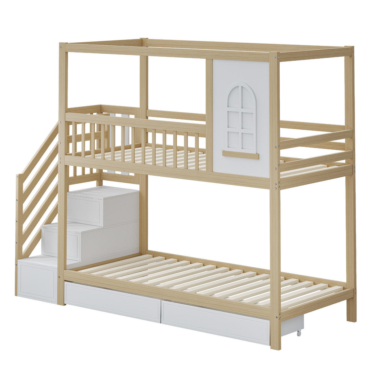 ETAGENBETT 90/200 cm mit Sicherheitsleiter, Fensterelement und Schubladen, Natur - Naturfarben, Holzwerkstoff (90/200cm) - Redom