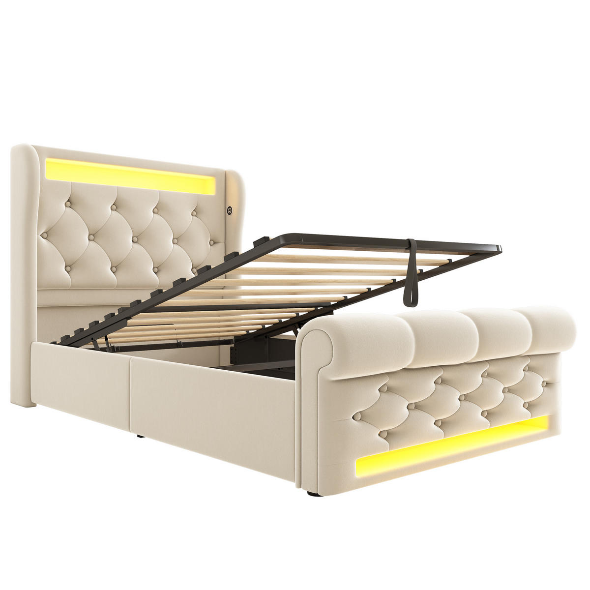 POLSTERBETT 90/200 cm Beige mit LED-Beleuchtung und Stauraum - Beige, Textil (90/200cm) - OKWISH