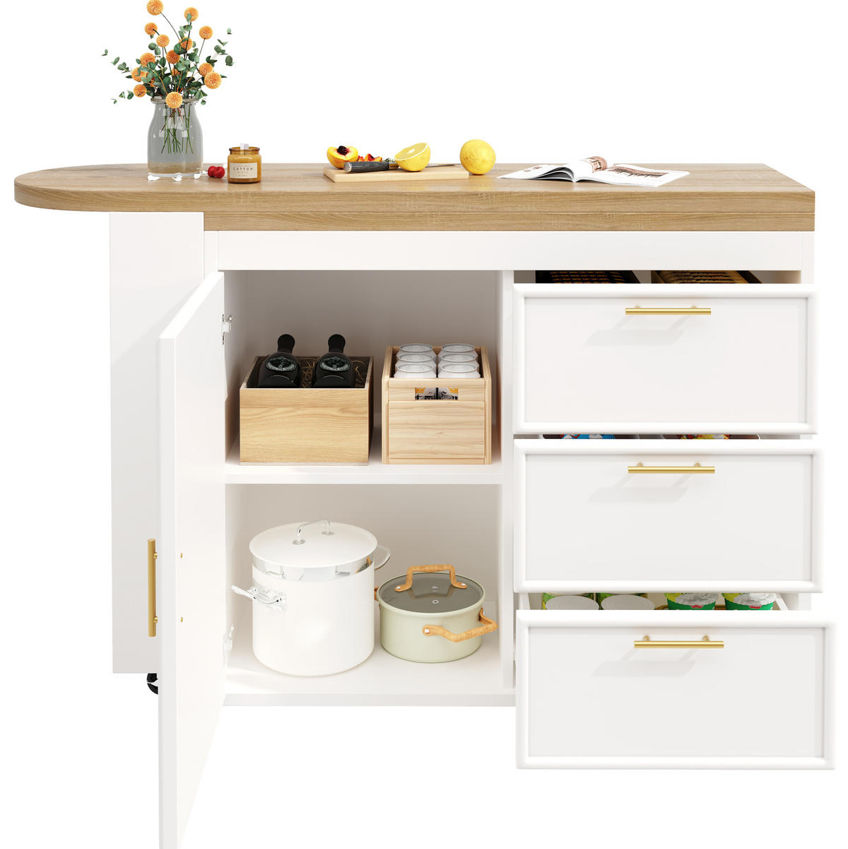 BARTISCH 128-203/39/90 cm mit 360°-Drehfunktion, 3 Schubladen und verstellbaren Regalböden, MDF/Metall, Weiß - Weiß, Holzwerkstoff (39/203/90cm) - Redom