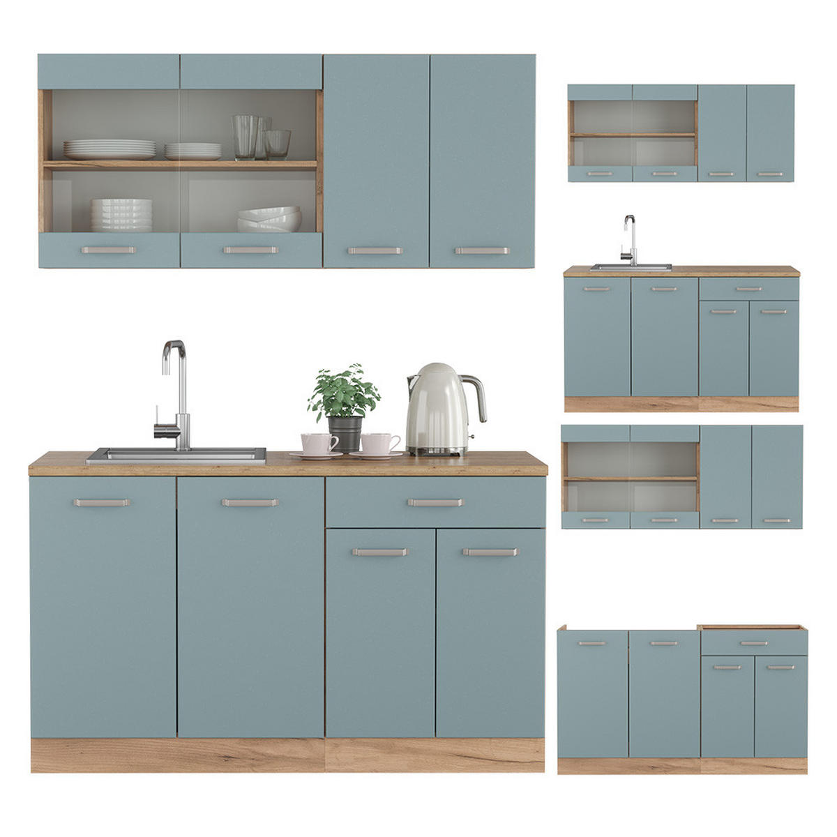 SINGLEKÜCHE R-Line Blau-Grau/Goldkraft Eiche 140 cm, AP Anthrazit - Honigeiche/Blaugrau, Holzwerkstoff (140/81.6/60cm) - Vicco