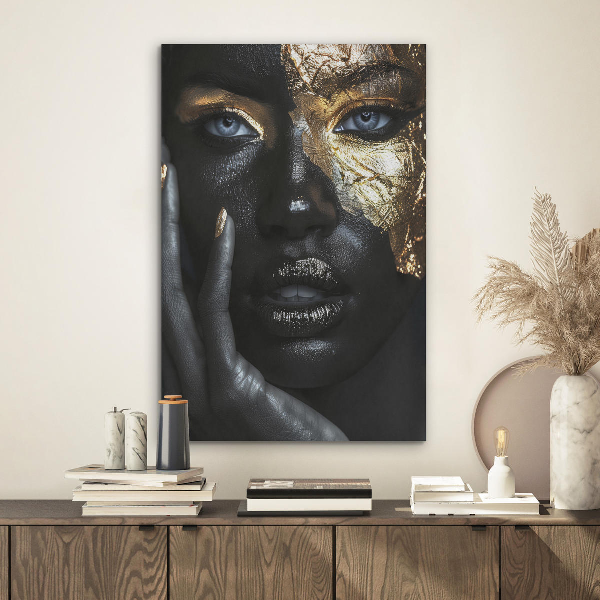 AKUSTIKBILD Frau - Gold - Porträt - Schwarz-Weiß - Luxus Kunstdruck Schlafzimmer 50x70 cm - Hellblau, Kunststoff (50/70/0.9cm) - MuchoWow
