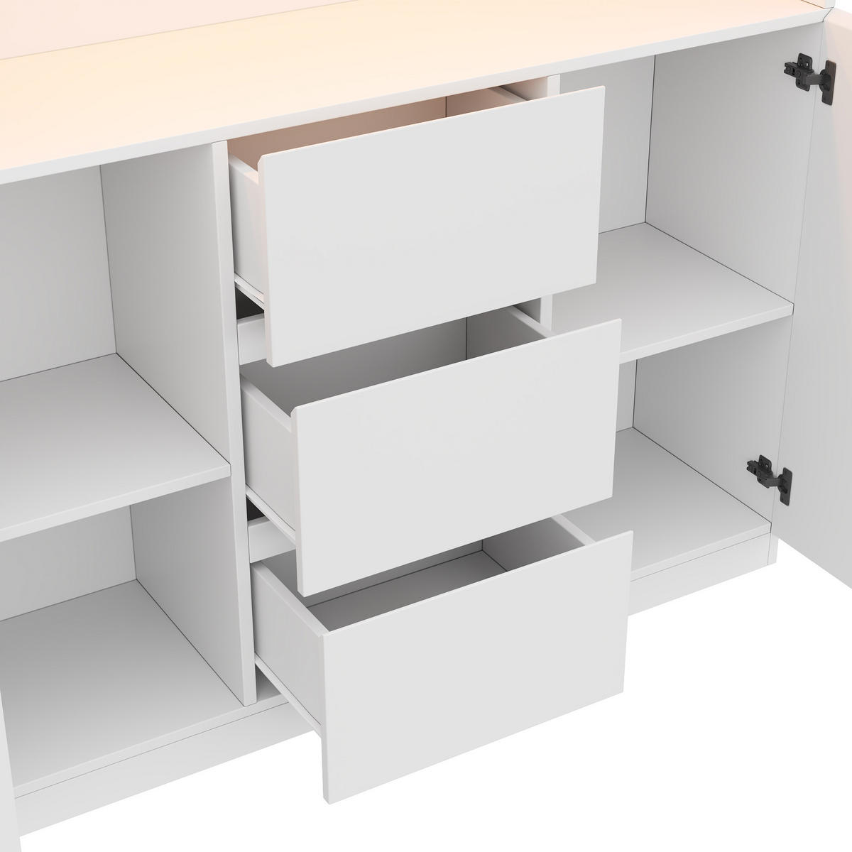VITRINE LED 200cm 3 Schubladen 2 Türen Weiß - Weiß, Holzwerkstoff (120/200/40cm) - FLIEKS
