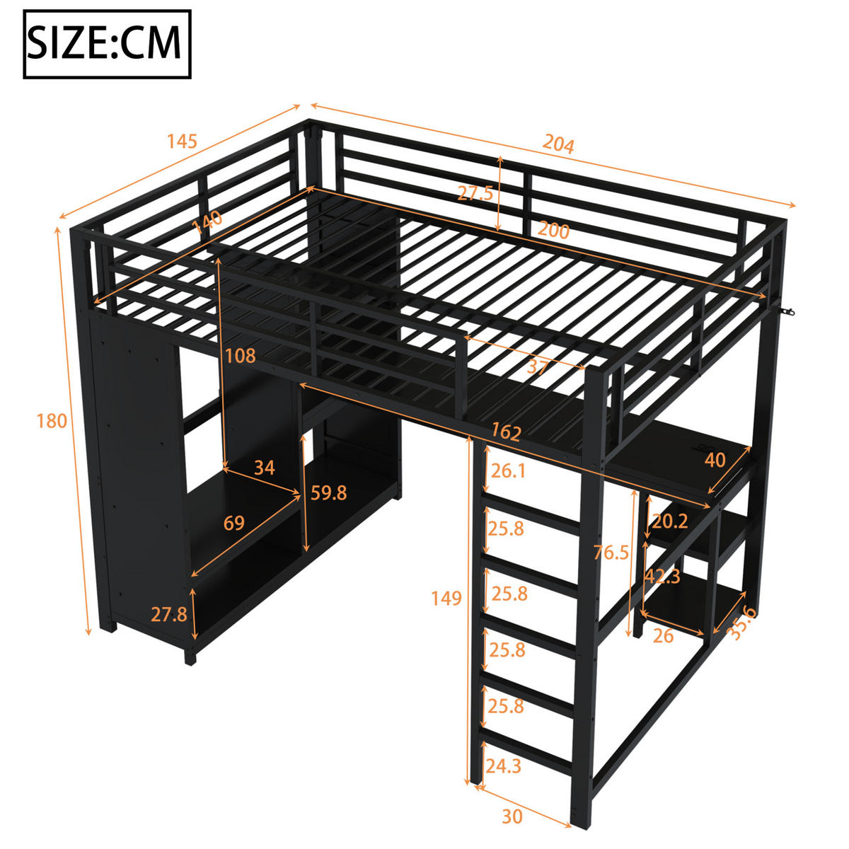 HOCHBETT aus Metall 140x200 cm Schwarz mit LED, Schreibtisch, offenem Kleiderschrank und Ablagefächern - Schwarz, Metall (90/200cm) - Modfu