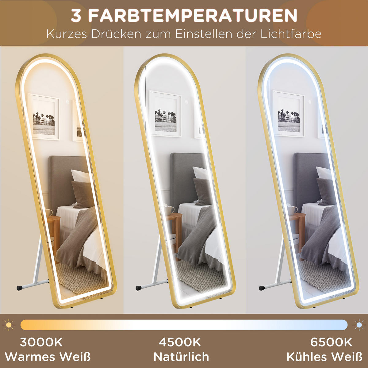 STANDSPIEGEL mit LED-Leuchte, Touch-Schlater, für Wohnzimmer, Schlafzimmer, Gold - Goldfarben, Glas (50/4/151.5cm) - HOMCOM