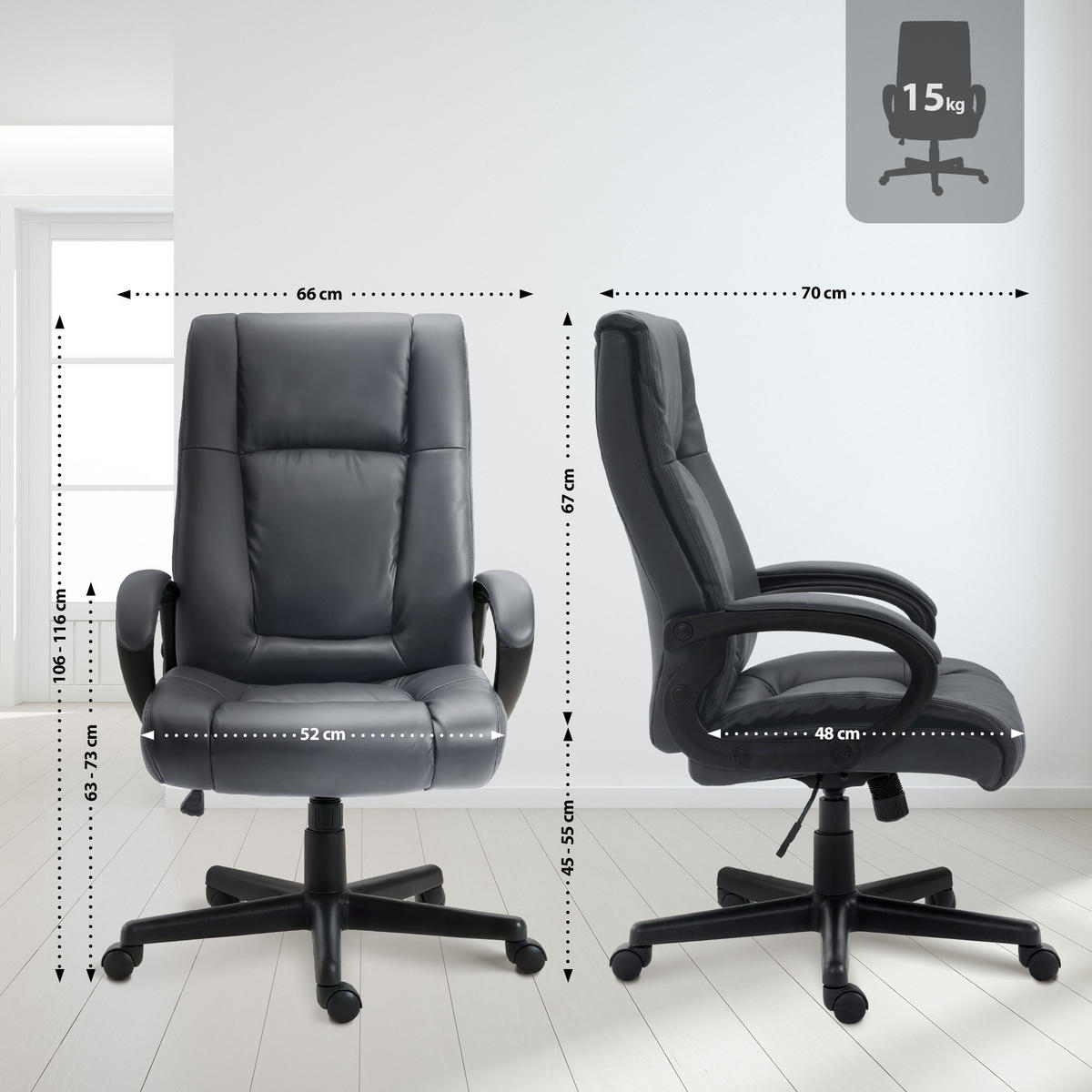 CHEFSESSEL Lederlook Grau - Schwarz/Grau, Kunststoff/Textil (66/106/70cm) - CLP