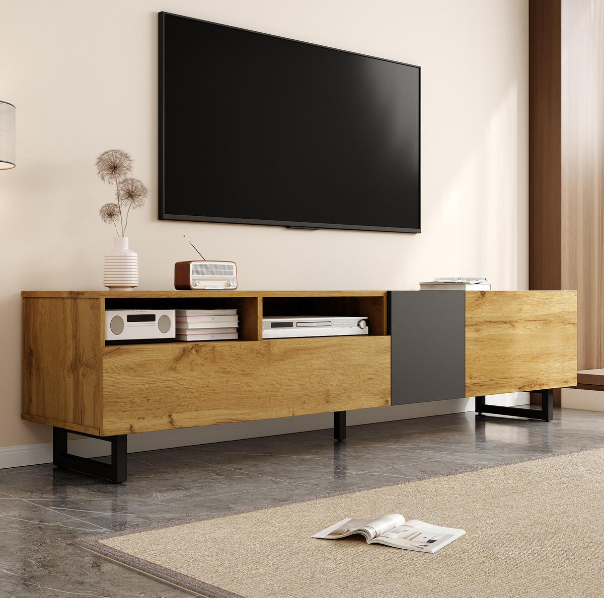 COLORBLOCK-TV-SCHRANK, Holzfarbe und Dunkelgrau 170/36.5/42 cm - Eichefarben, Holzwerkstoff (170/42/36.5cm) - Redom