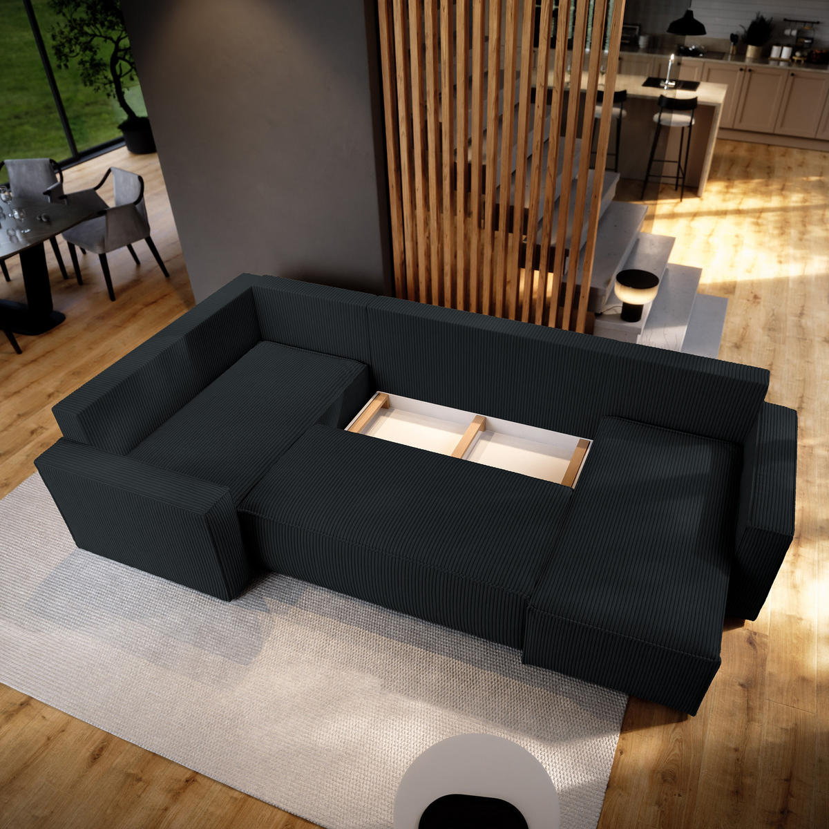 WOHNLANDSCHAFT NORENA L-S Schwarz Kordstoff mit Schlaffunktion - Schwarz, Holz (295/85/157.5cm) - MASSENO