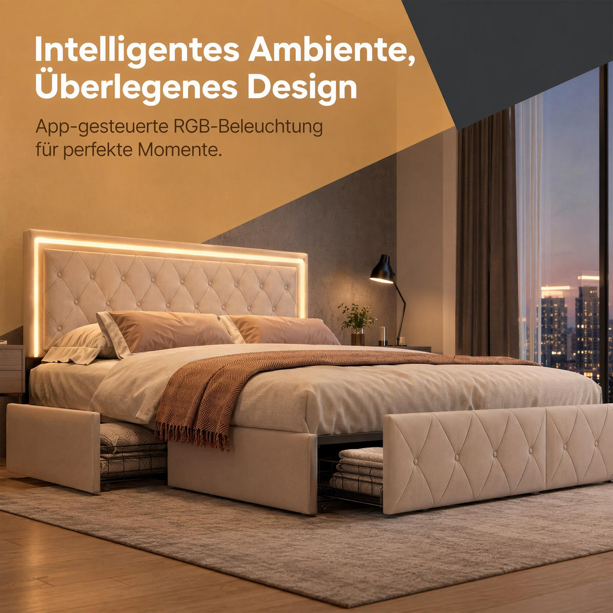 POLSTERBETT 140x200 mit RGB-LED, doppelbett mit 4 Schublade, Stauraum und Lattenrost, jugendbett 140x200 cm, PU, Ecru - Ecru, Leder/Holz (140/200cm) - GENKI LIVING