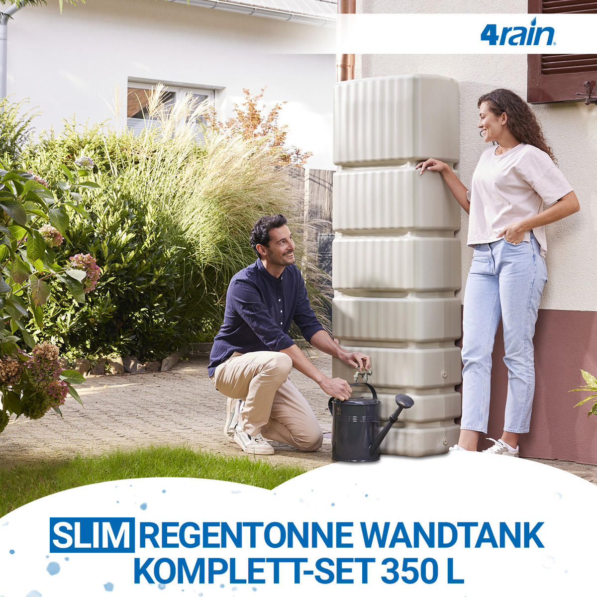 REGENTONNE Wandtank Komplett-Set 350 L, sandbeige inkl. Chrom-Doppelauslaufhahn und Fallrohranschluss - Beige, Kunststoff (39/184/60cm) - 4rain
